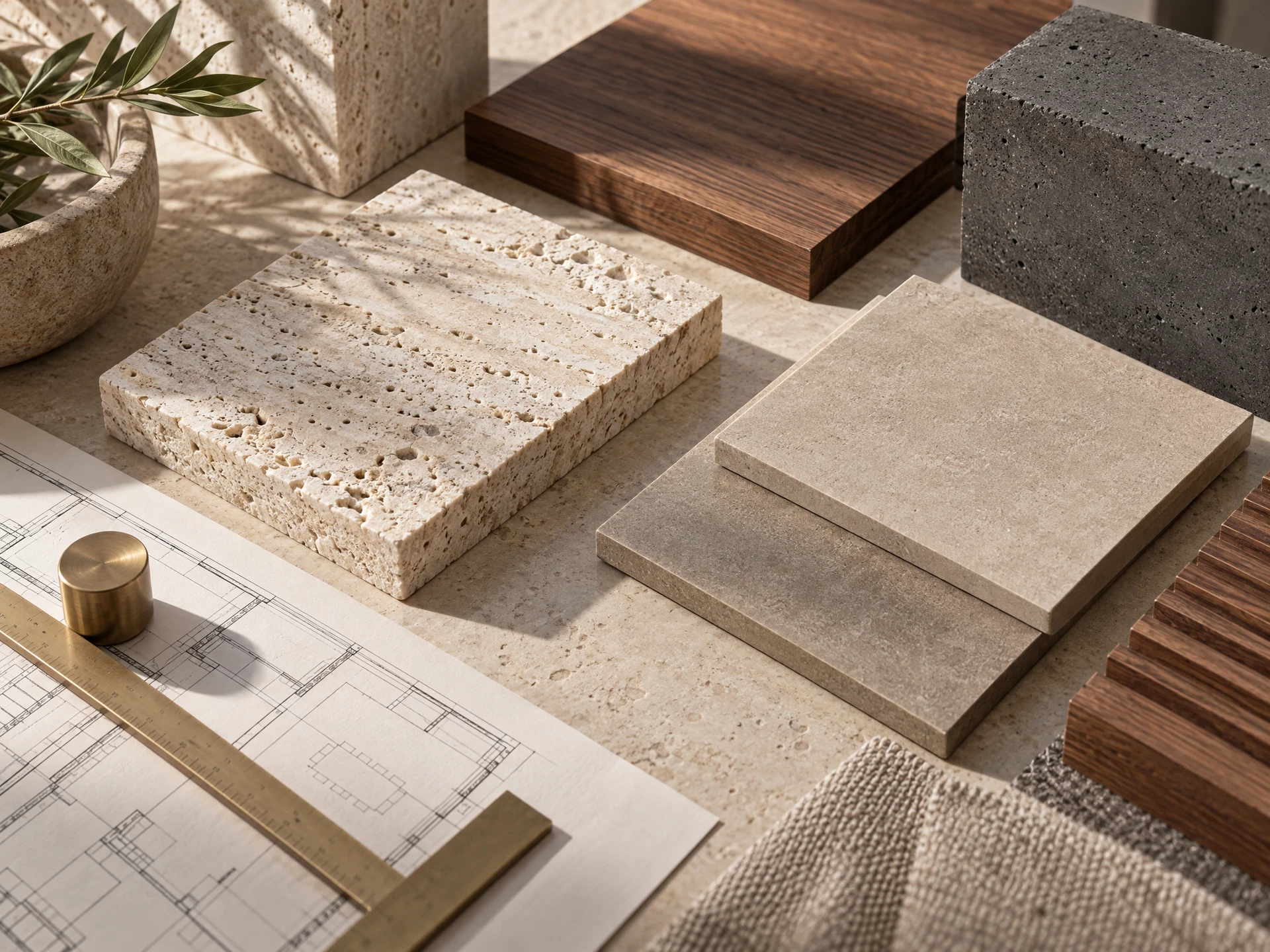 Selección de muestras de piedra, porcelanato y madera